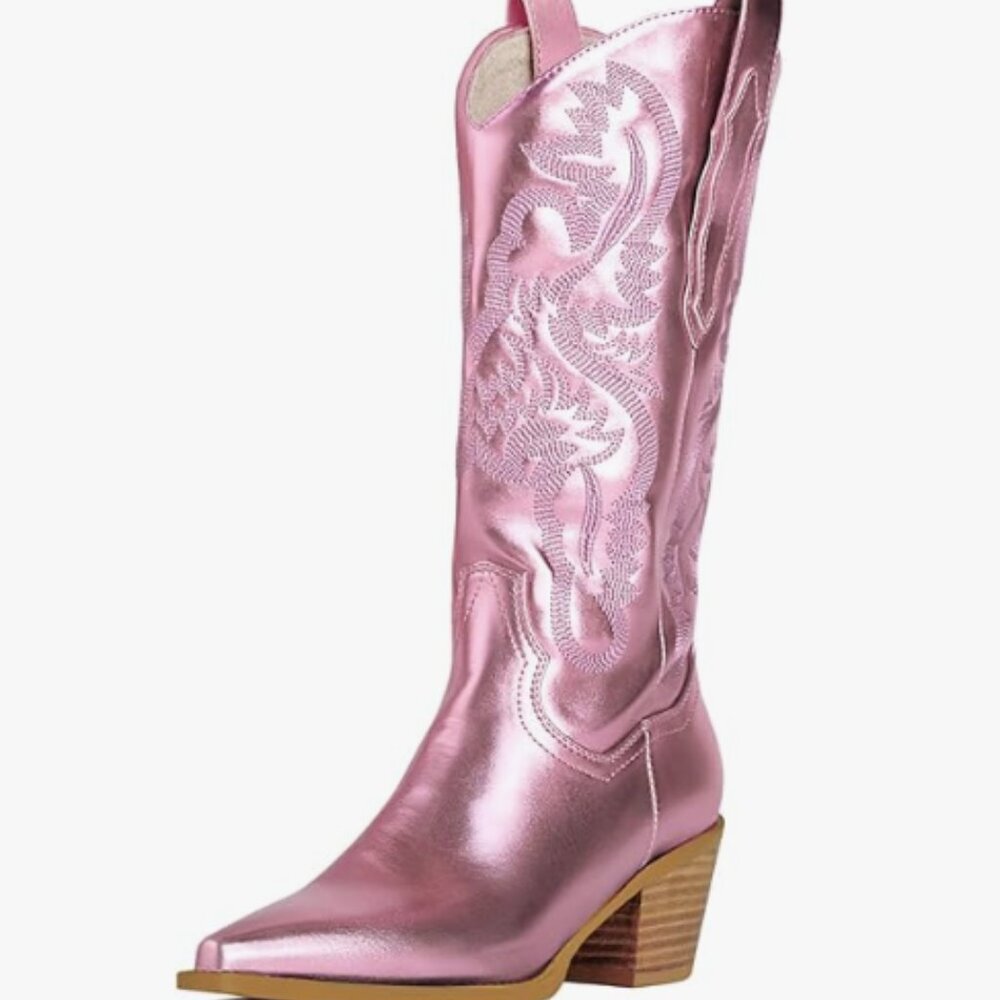 *NWT Metallic Pink Embroidered Cowboy Boots SZ 8 - Picture 1 of 7